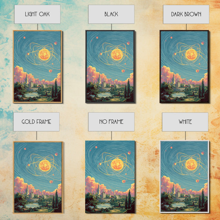 Glowing Atomic Sun Over Retro Future City Canvas Print, Mid Century Modern Wall Art, Cosmic Space Poster, Scenic MCM Decor