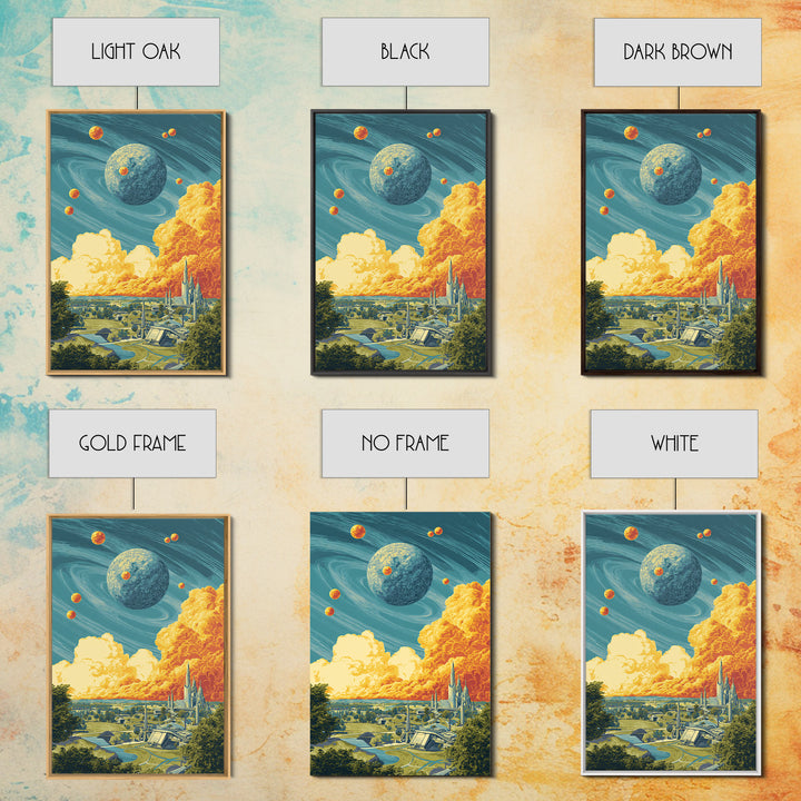 Retro Futuristic Planet City Wall Art, Sci Fi Space Landscape, Midcentury Modern Poster, Atomic MCM Decor, Blue Orange Print