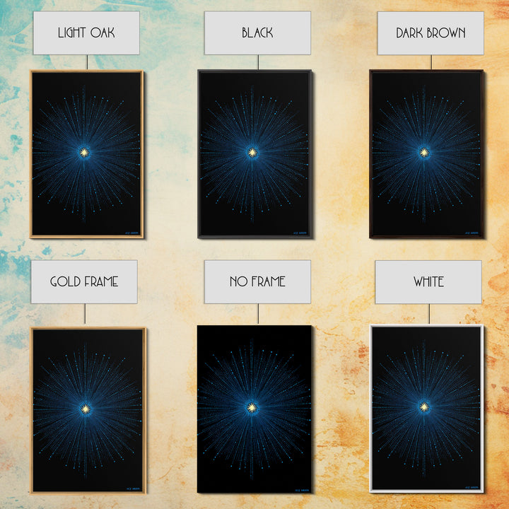 Blue Cosmic Starburst Wall Art, Modern Abstract Space Poster, Atomic Midcentury Decor, Black Sci Fi Galaxy Print For Living Room