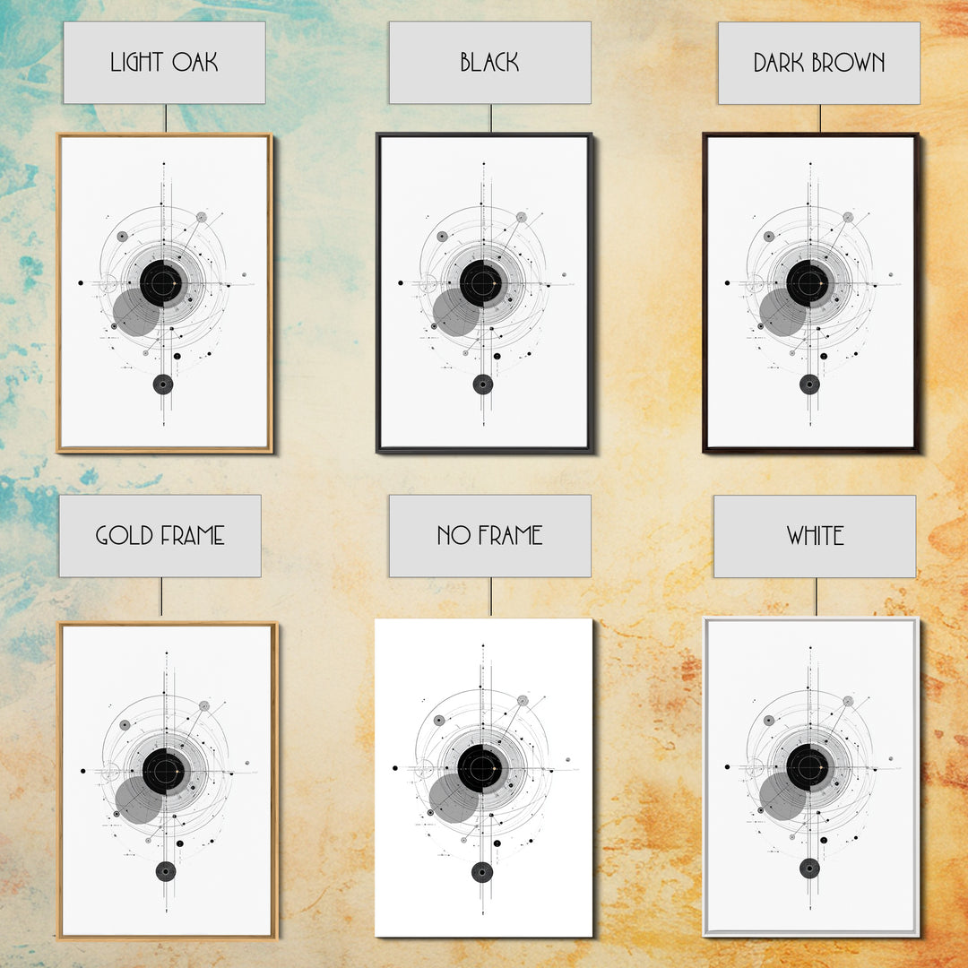Minimal Orbital Diagram Wall Art, Modern Abstract Science Poster, Midcentury Geometric Line Decor, Black White MCM Print