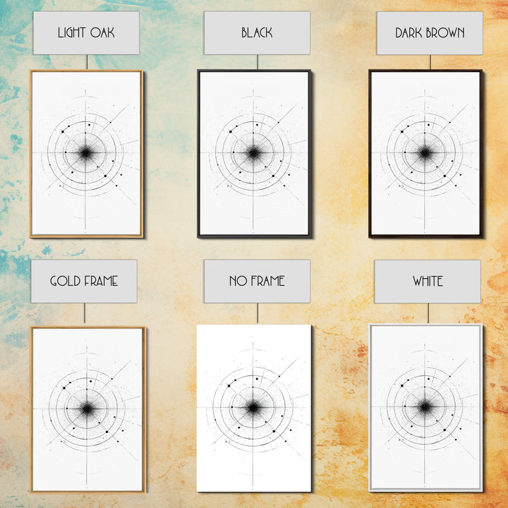 Minimal Celestial Orbit Diagram Wall Art, Black And White Abstract Geometry, Modern Art Print, Mid Century Office Decor Poster