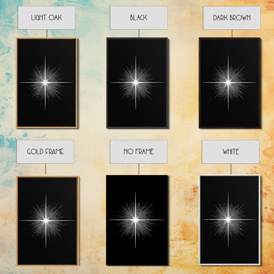 White Radiant Starburst Wall Art, Black Minimal Cosmic Abstract, Modern Geometric Poster, Mid Century Space Home Decor Print