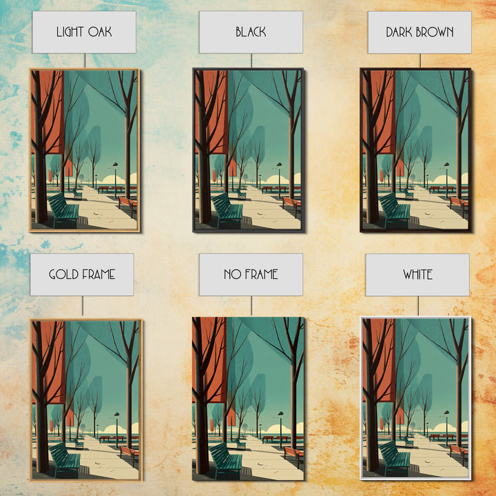 Teal Orange City Promenade Wall Art, Mid Century Modern Travel Poster, Architectural Park Print, Retro Urban Wall Decor Print