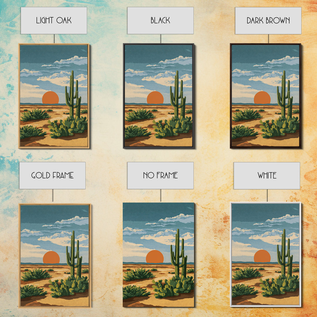Textured Desert Cactus Sunset Canvas Print, Mid Century Modern Art, Southwestern Landscape Poster, Warm Earth Tone Decor