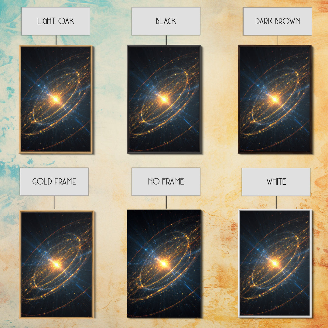 Radiant Starburst Galaxy With Golden Orbital Rings Wall Art, Cosmic Space Poster, Modern Abstract Art, Sci Fi Home Decor
