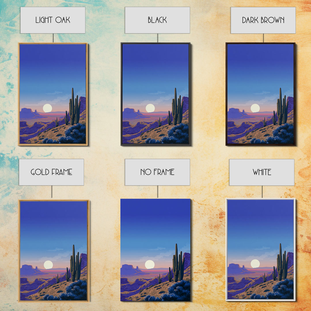 Blue Canyon Desert Moon Wall Art, Mid Century Modern Landscape Print, Cactus Travel Poster, Southwestern Home Decor For Living Room