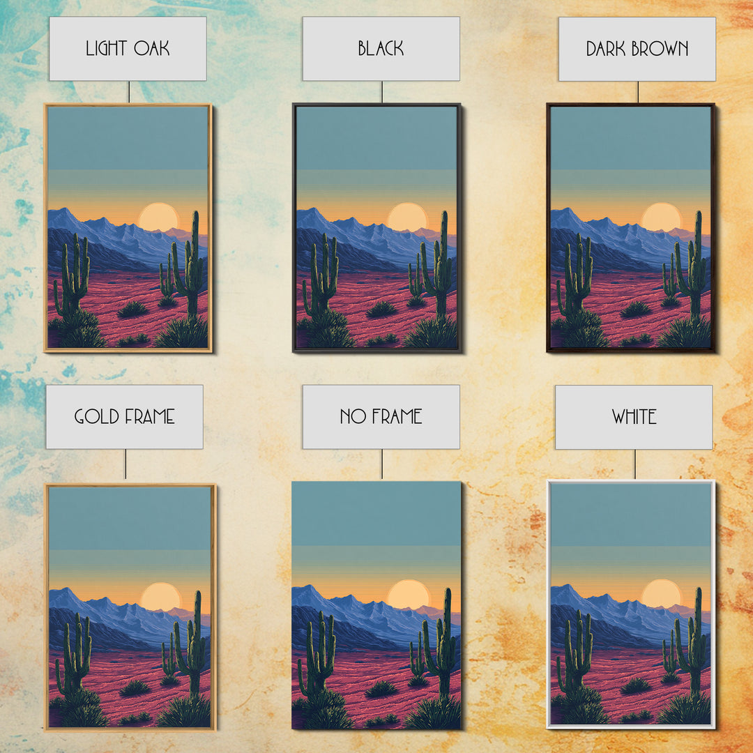 Saguaro Desert Mountains At Sunset Wall Art, Mid Century Modern Southwest Landscape, Retro Travel Poster, Colorful Home Decor