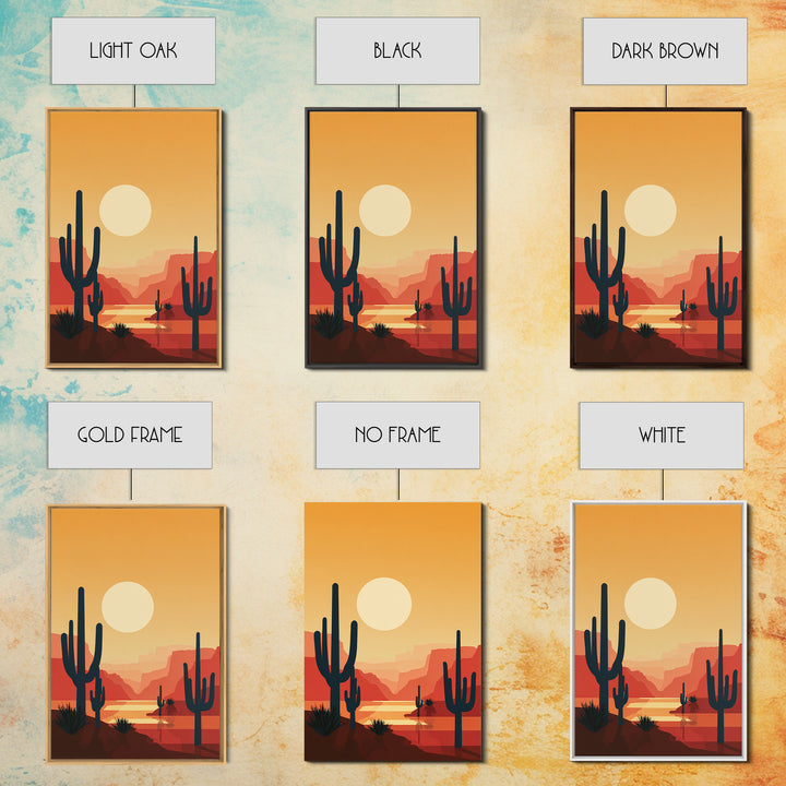 Canyon River Saguaro Sunset Canvas Print, Mid Century Modern Desert Poster, Southwestern Decor, Orange Living Room Wall Art