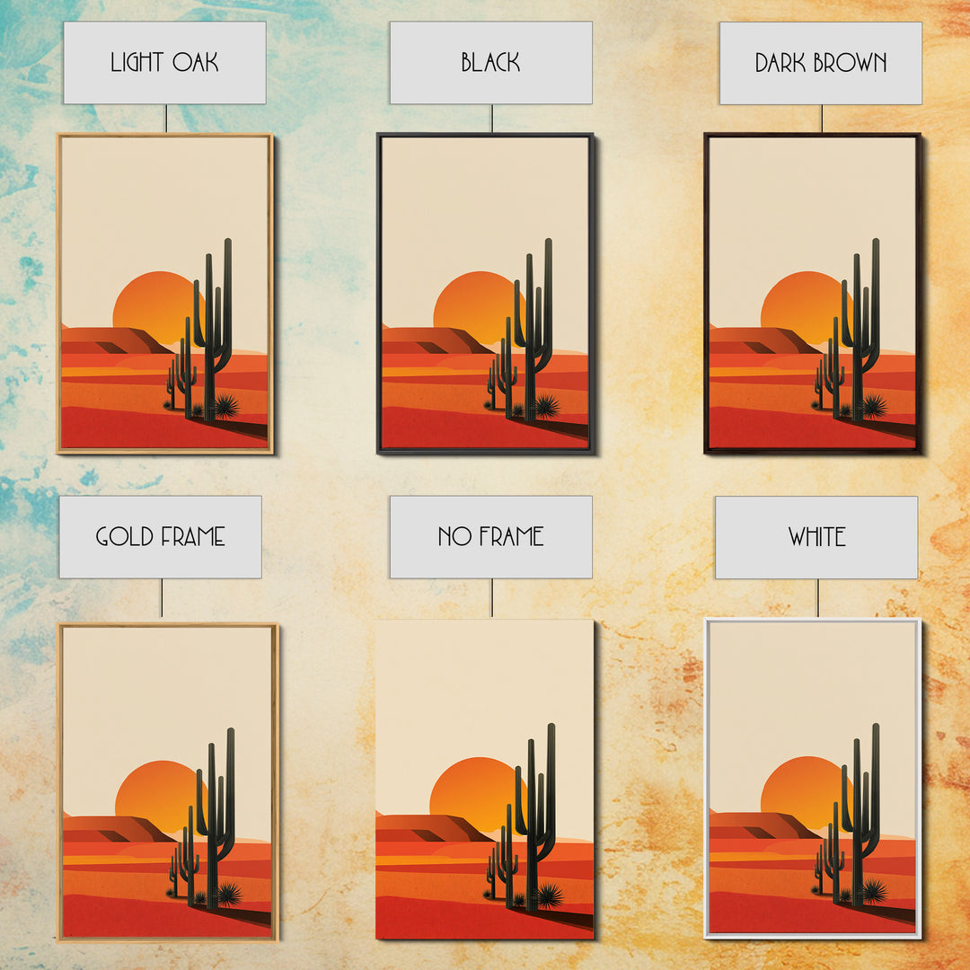 Orange Desert Sun With Tall Cactus Framed Canvas Print, Mid Century Modern Art, Minimal Southwest Decor, Warm Retro Poster