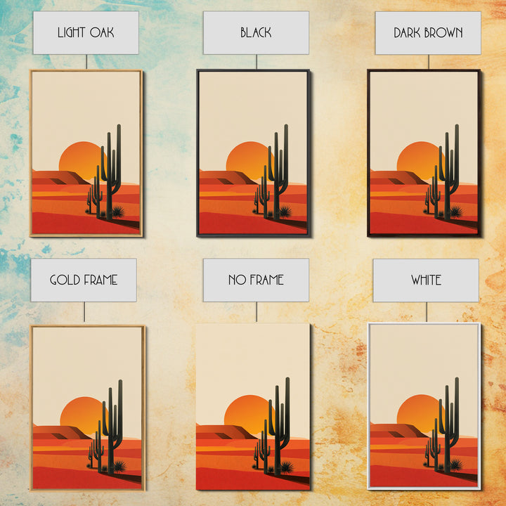 Orange Desert Sun With Tall Cactus Framed Canvas Print, Mid Century Modern Art, Minimal Southwest Decor, Warm Retro Poster