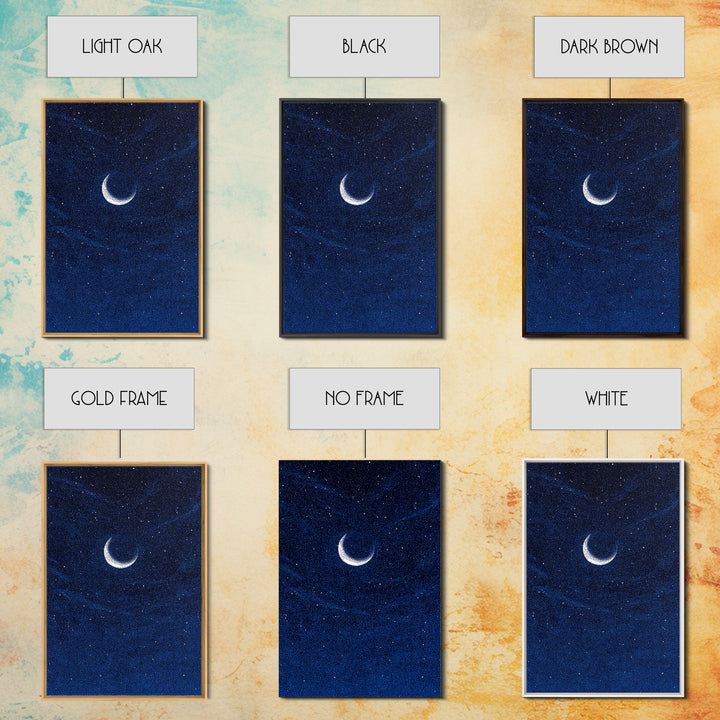 Deep Blue Crescent Moon Canvas Print, Starry Night Sky Wall Art, Minimalist Celestial Decor, Modern Bedroom Art Poster Print