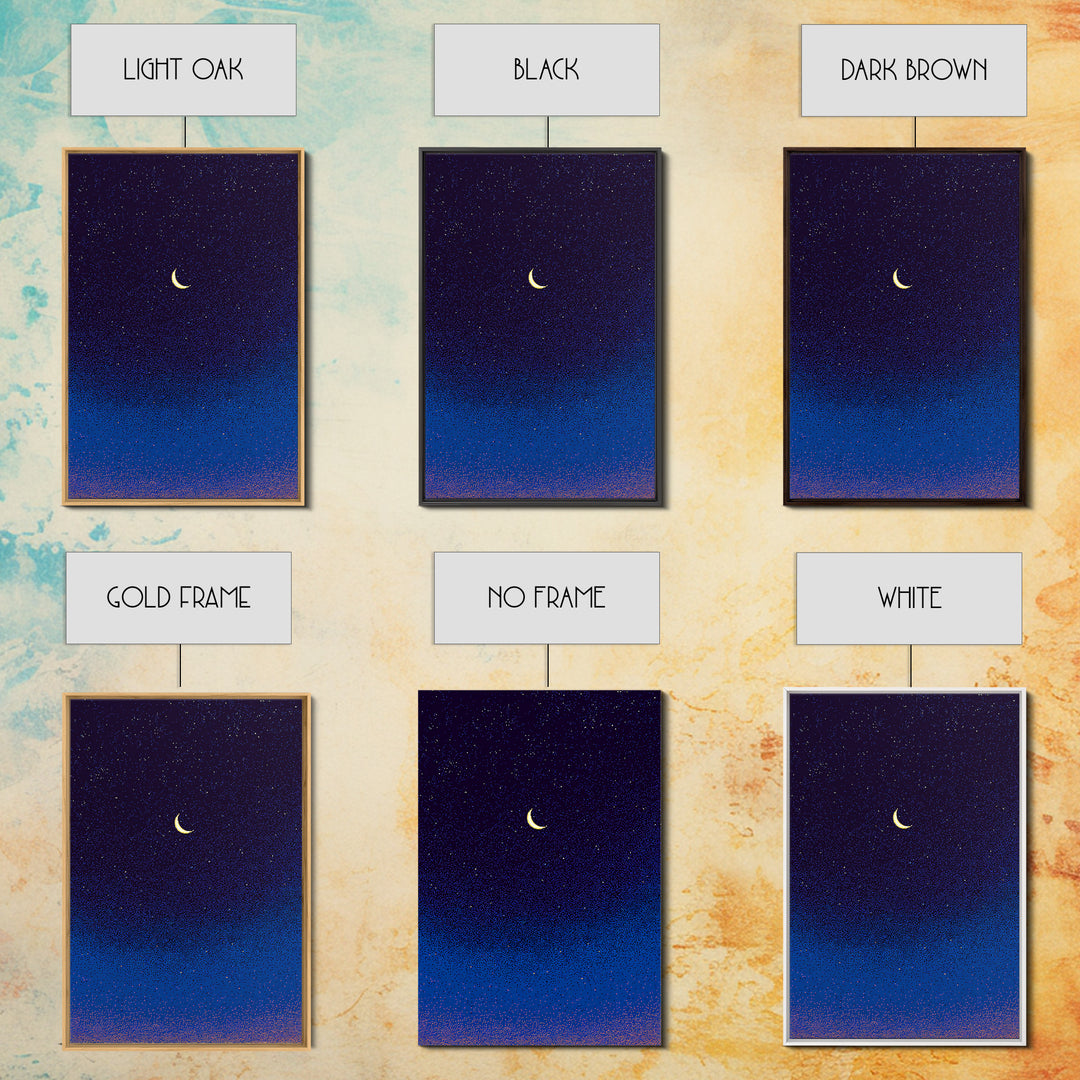 Purple Blue Crescent Moon Canvas Print, Starry Night Sky Wall Art, Celestial Bedroom Decor, Modern Spiritual Poster Gift