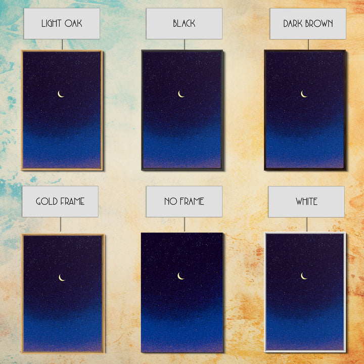 Purple Blue Crescent Moon Canvas Print, Starry Night Sky Wall Art, Celestial Bedroom Decor, Modern Spiritual Poster Gift