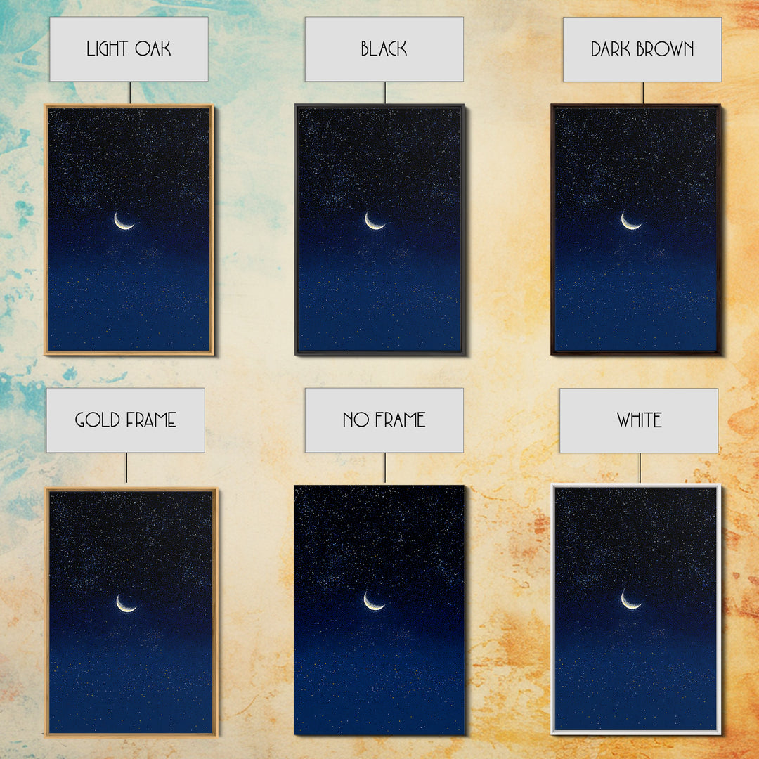 Glowing Crescent Moon Blue Star Field Canvas Print, Celestial Night Sky Poster, Modern Wall Decor, Dreamy Bedroom Art Print