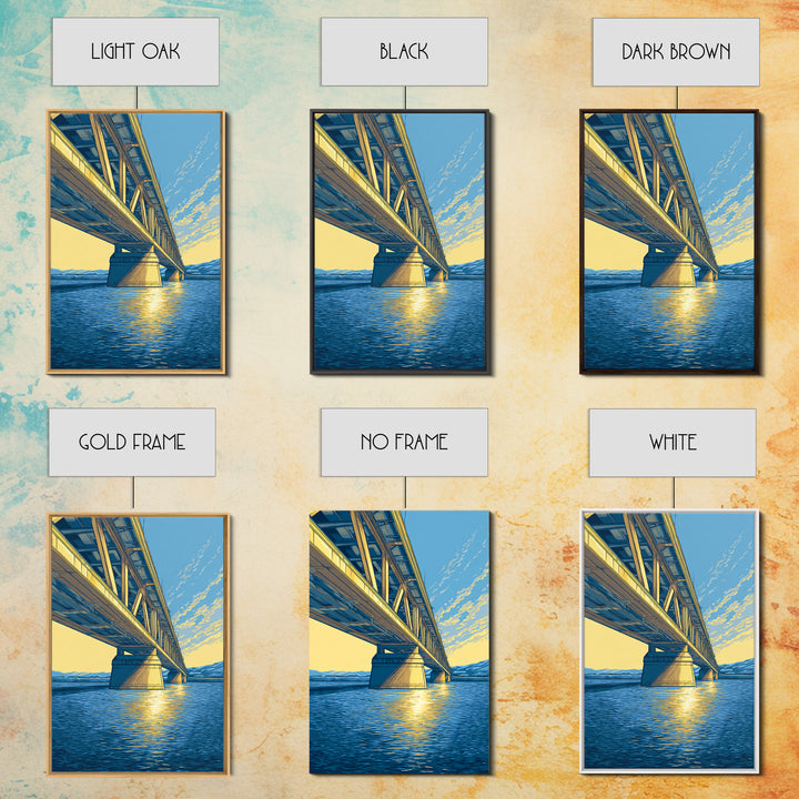 Blue Golden Bridge At Sunset Framed Canvas Print, Scenic Landscape Wall Art, Modern Coastal Decor, Lake House Art Print Gift