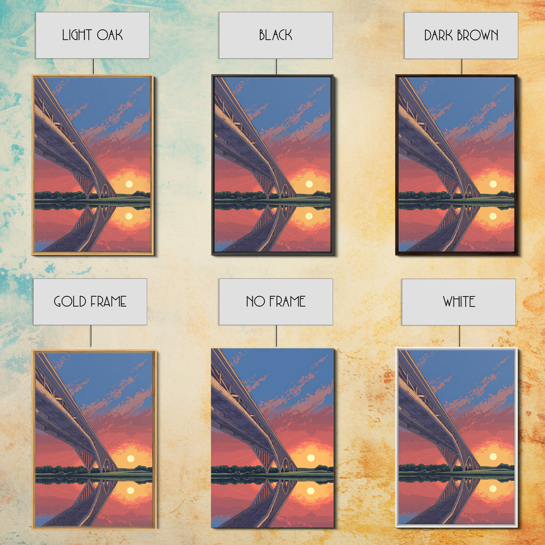 Sunset Bridge Reflection Wall Art, Pink Orange Sky Landscape Poster, Retro Travel Print, Modern Home Decor, Scenic Canvas Print