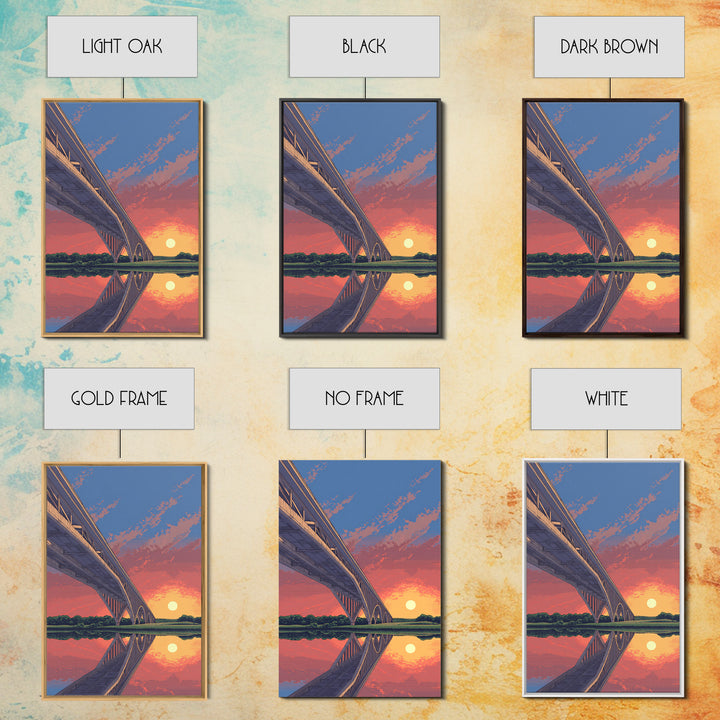 Sunset Bridge Reflection Wall Art, Pink Orange Sky Landscape Poster, Retro Travel Print, Modern Home Decor, Scenic Canvas Print
