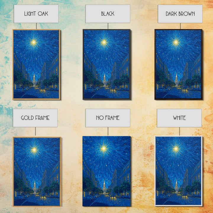 Radiant Starburst Above Blue City Street Canvas Print, Night Skyline Wall Art, Modern Travel Poster, Gothic Cathedral Decor
