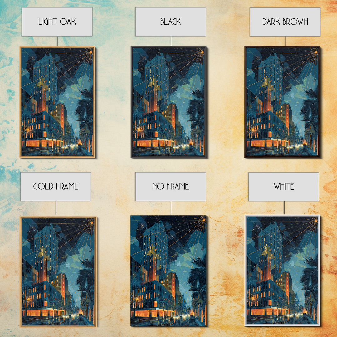 Glowing Art Deco Night City With Palms Wall Art, Mid Century Modern Poster, Retro Urban Decor, Blue Orange Living Room Print