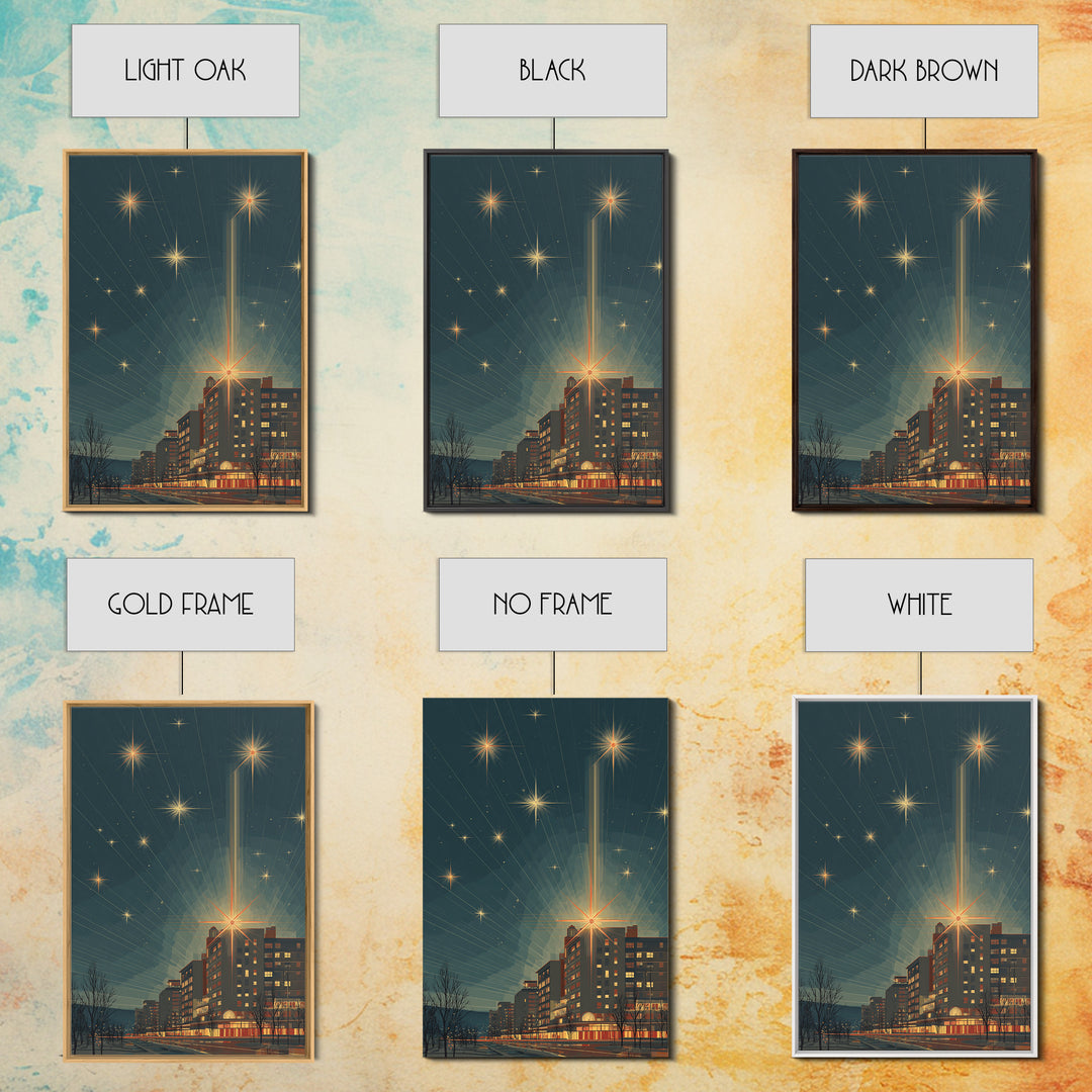 Radiant Starburst Skyline Over Waterfront Wall Art, Mid Century Modern City Print, Retro Night Decor, Office Poster Gift