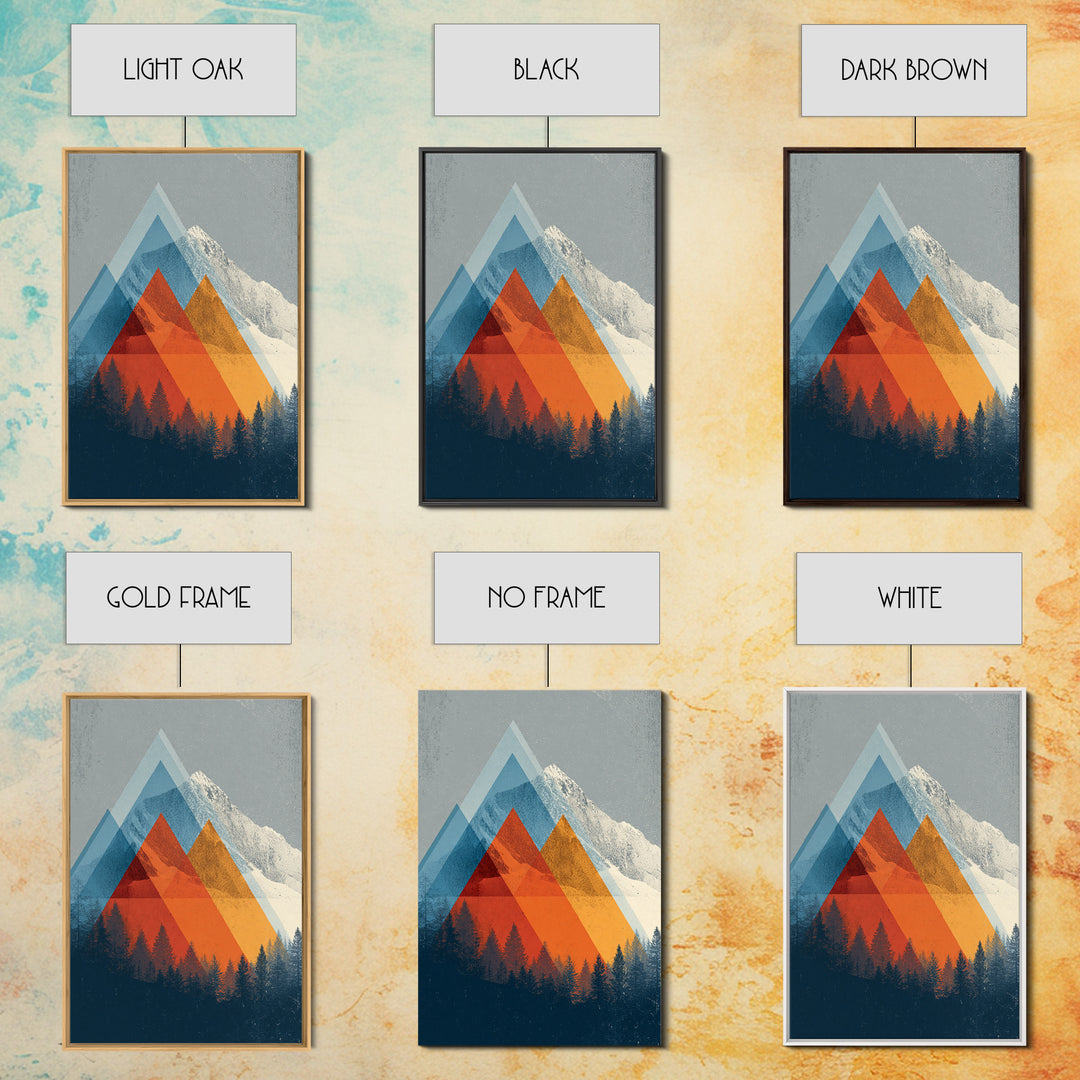 Snowy Alpine Peak With Orange Blue Triangles Framed Canvas Print, Mid Century Modern Wall Art, Forest Landscape Decor Print