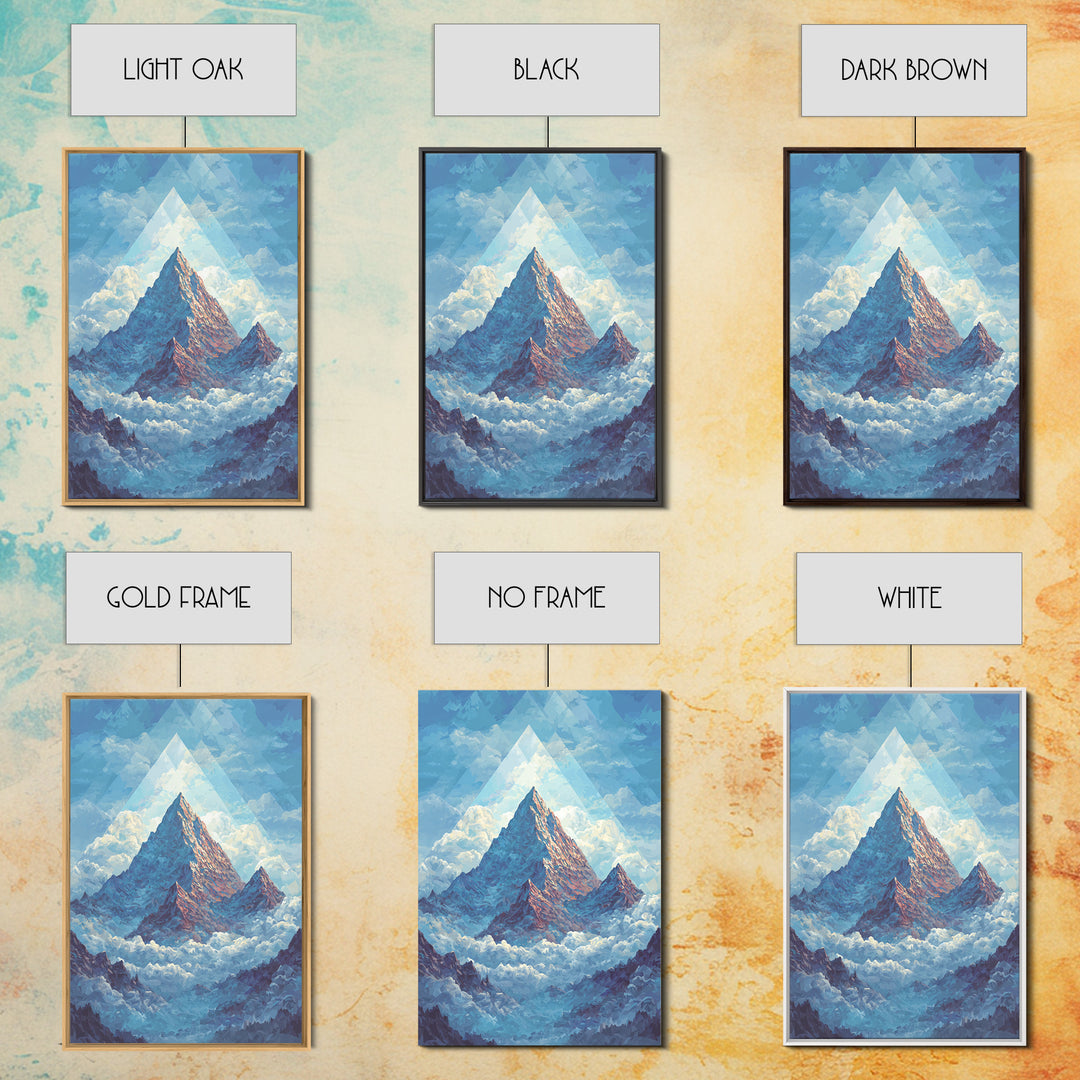 Snowy Peak Rising Above Clouds Framed Canvas Print, Mid Century Modern Wall Art, Blue Mountain Landscape Office Decor Poster