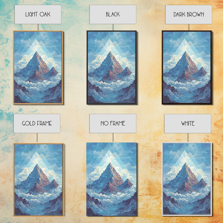 Snowy Peak Rising Above Clouds Framed Canvas Print, Mid Century Modern Wall Art, Blue Mountain Landscape Office Decor Poster