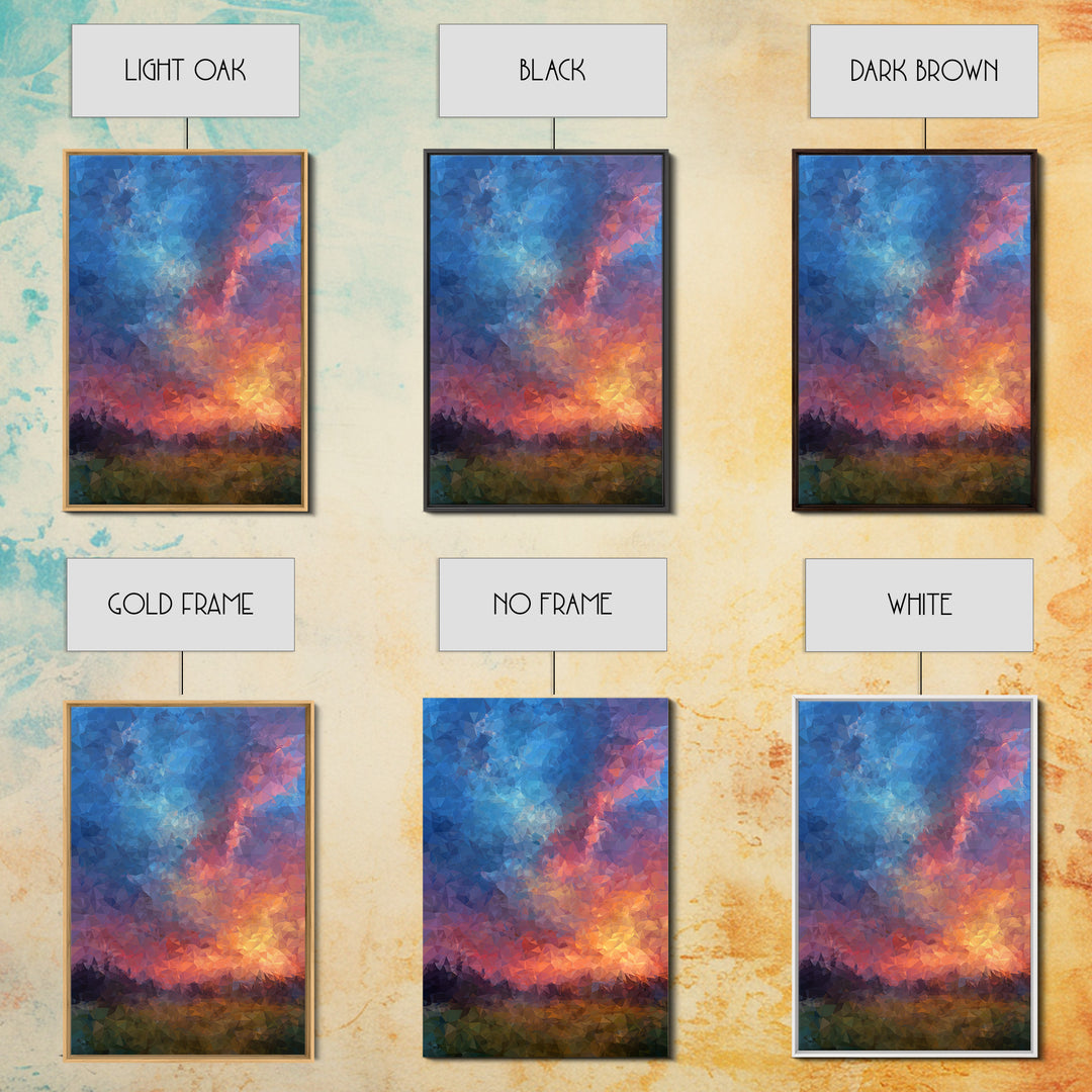 Polygon Sunset Sky With Blue Pink Clouds Wall Art, Colorful Landscape Poster, Abstract Nature Art, Modern Bedroom Decor Print