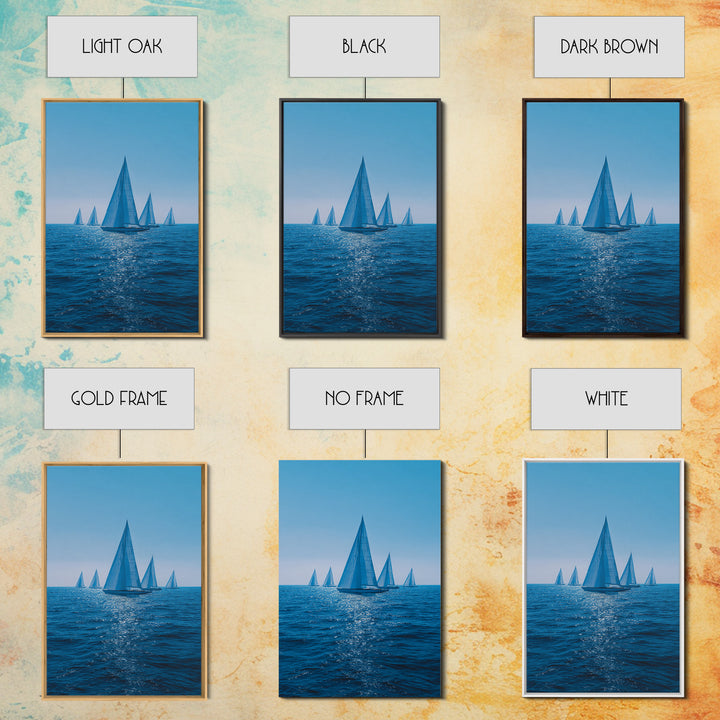 Blue Sailboats On Sparkling Ocean Wall Art, Mid Century Modern Canvas Print, Nautical Coastal Decor, Beach House Poster Gift