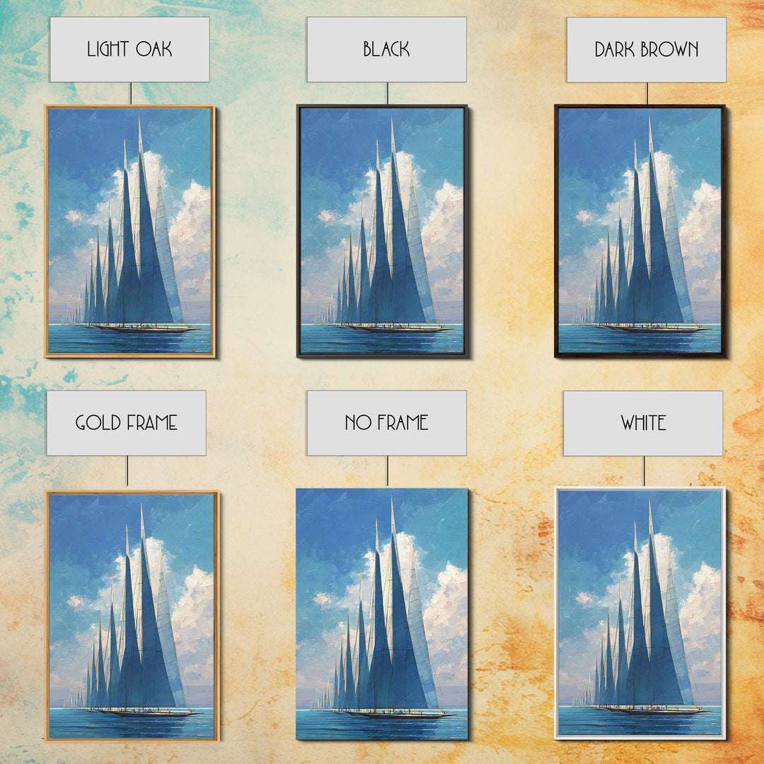 Blue Sailboat Fleet On Sparkling Sea Wall Art, Nautical Coastal Decor, Modern Art Print, Living Room Ocean Canvas, Boat Lover Gift