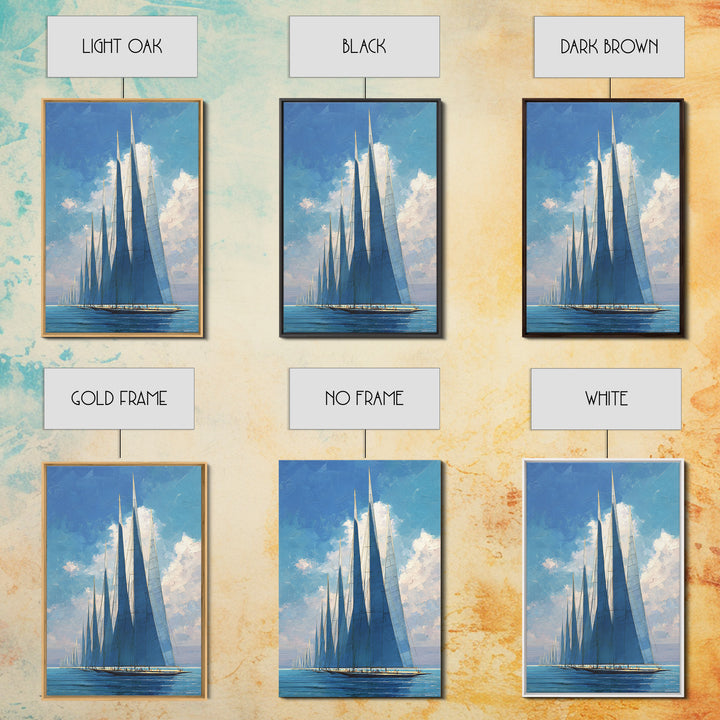 Blue Sailboat Fleet On Sparkling Sea Wall Art, Nautical Coastal Decor, Modern Art Print, Living Room Ocean Canvas, Boat Lover Gift