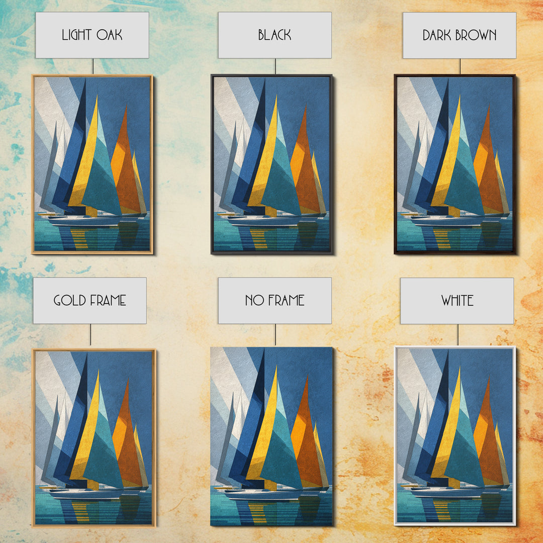 Geometric Sailboats With Yellow And Orange Sails Canvas Print, Midcentury Modern Wall Art, Coastal Nautical Decor, Boat Lover Gift