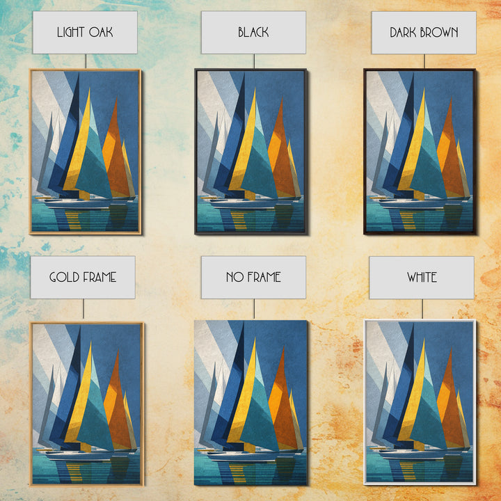 Geometric Sailboats With Yellow And Orange Sails Canvas Print, Midcentury Modern Wall Art, Coastal Nautical Decor, Boat Lover Gift