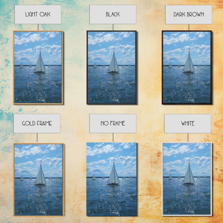 White Sailboats On Sparkling Blue Lake Wall Art, Coastal Travel Poster, Nautical Living Room Decor, Boat Lover Gift, Office Decor