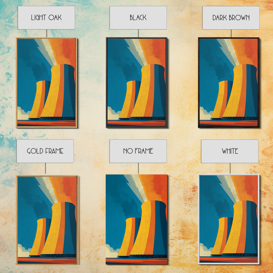 Orange Teal Cooling Towers Canvas Print, Industrial Architecture Wall Art, Retro Modern Decor, Bold Energy Poster, Office Statement Piece