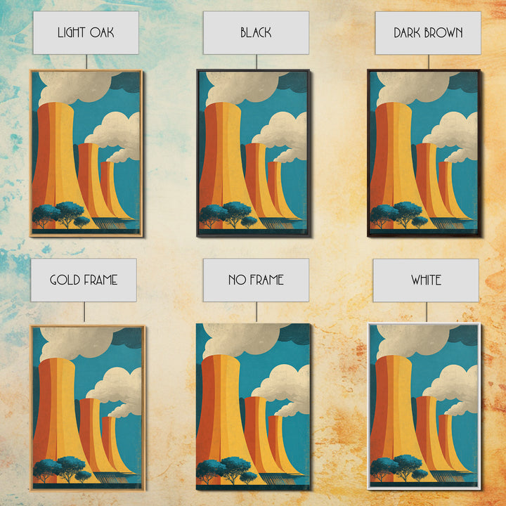 Three Orange Cooling Towers With Steam Framed Canvas Print, Industrial Wall Art, Retro Modern Decor, Power Plant Posters