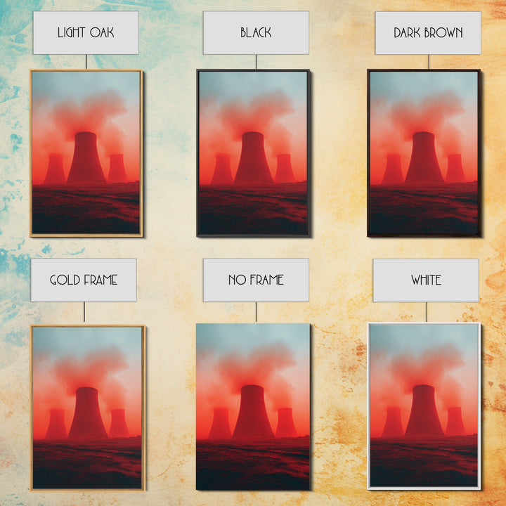 Red Fog Cooling Towers At Dusk Canvas Print, Industrial Landscape Wall Art, Moody Modern Decor, Power Plant Poster, Statement Piece