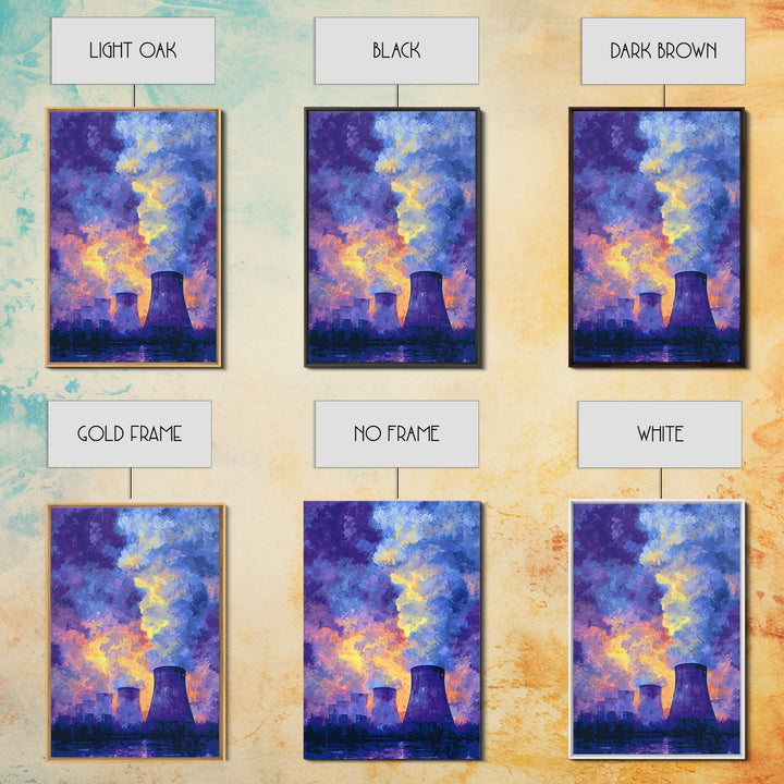 Purple Sunset Cooling Towers With Colorful Smoke Wall Art, Industrial Modern Art Print, Dramatic Office Decor, Energy Poster