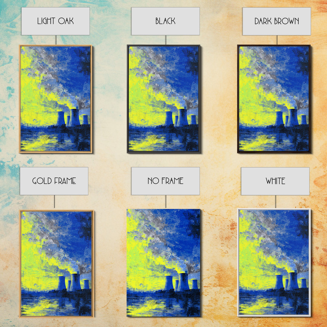 Blue Yellow Power Plant Across Water Canvas Print, Industrial Wall Art, Modern Abstract Decor, Bold Office Poster, Statement Piece