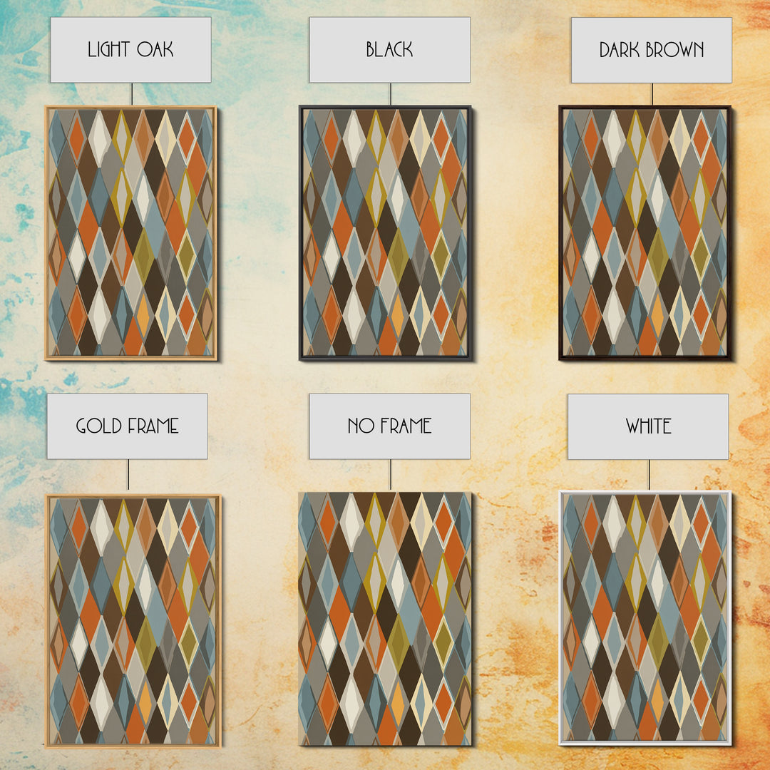 Earthy Argyle Diamond Pattern Framed Canvas Print, Mid Century Modern Wall Decor, Retro Geometric Abstract Art, Orange Blue