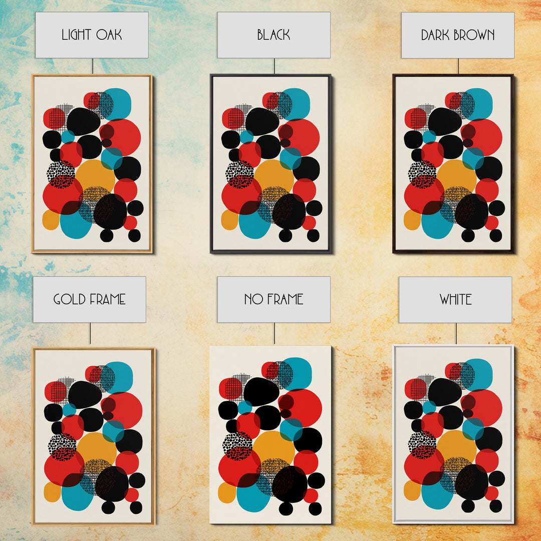 Red Teal Black Circle Cluster Canvas Print, Mid Century Modern Abstract Art, Retro Geometric Wall Decor, Mustard Cream Poster