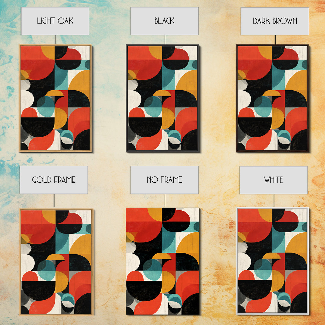 Bauhaus Blocks And Circles Framed Canvas Print, Mid Century Modern Abstract Wall Decor, Retro Geometric Art, Red Teal Mustard