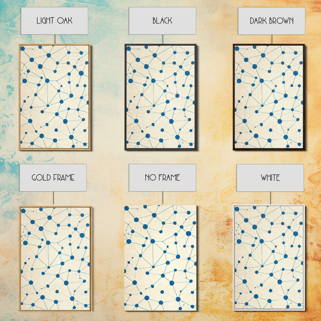 Blue Constellation Dot Pattern Canvas Print, Midcentury Modern Geometric Wall Art, Minimal Abstract Linen Home Office Decor