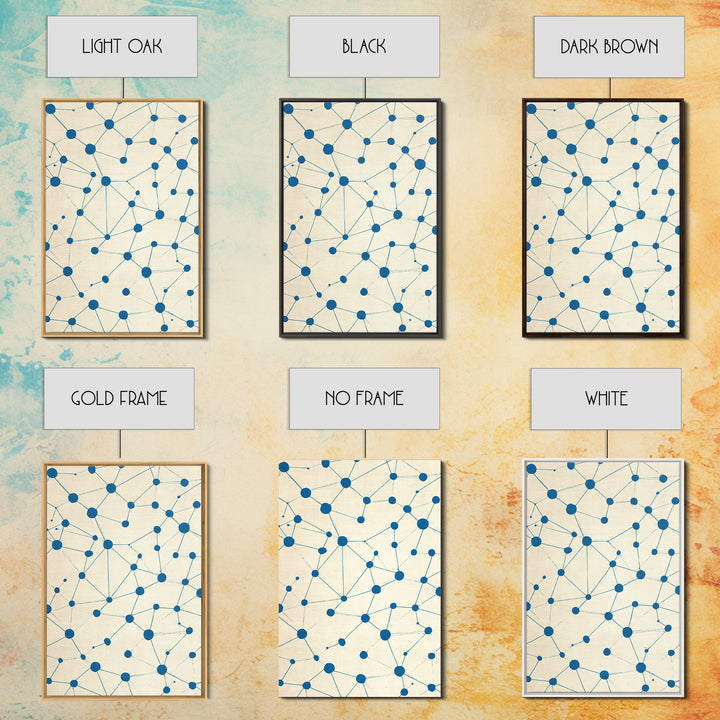 Blue Constellation Dot Pattern Canvas Print, Midcentury Modern Geometric Wall Art, Minimal Abstract Linen Home Office Decor