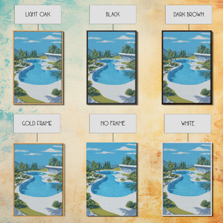 Midcentury Pool And Glass House Landscape Canvas Print, Palm Springs Modern Wall Art, Retro Architecture Living Room Home Decor