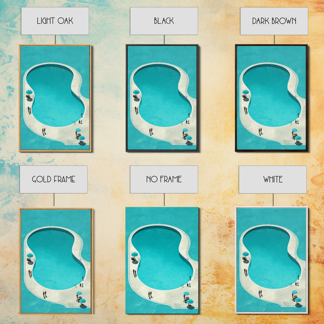 Minimal Turquoise Resort Pool Framed Canvas Print, Midcentury Modern Wall Art, Palm Springs Retro Travel Poster Living Room Decor