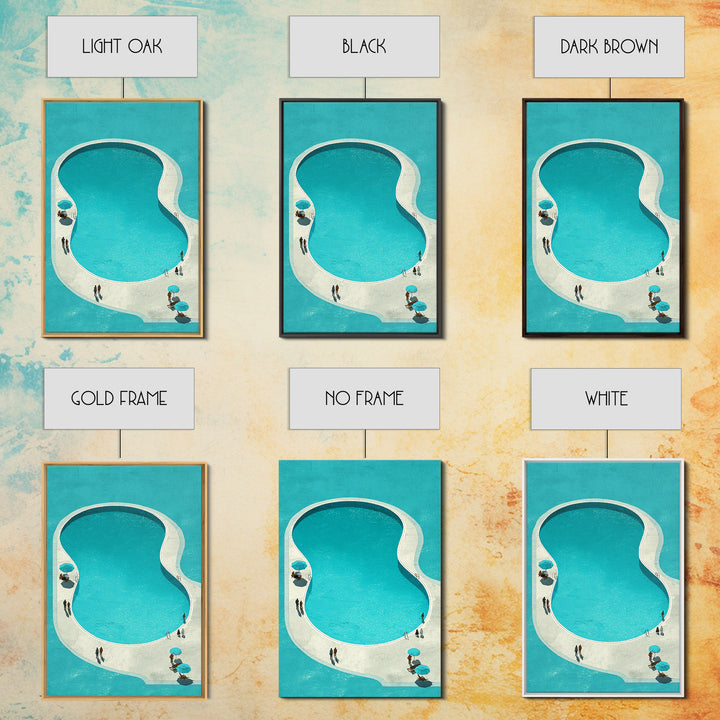 Minimal Turquoise Resort Pool Framed Canvas Print, Midcentury Modern Wall Art, Palm Springs Retro Travel Poster Living Room Decor