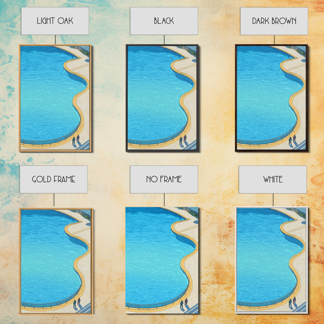 Curved Blue Swimming Pool Wall Art, Midcentury Modern Coastal Resort Print, Minimal Summer Travel Living Room Home Decor