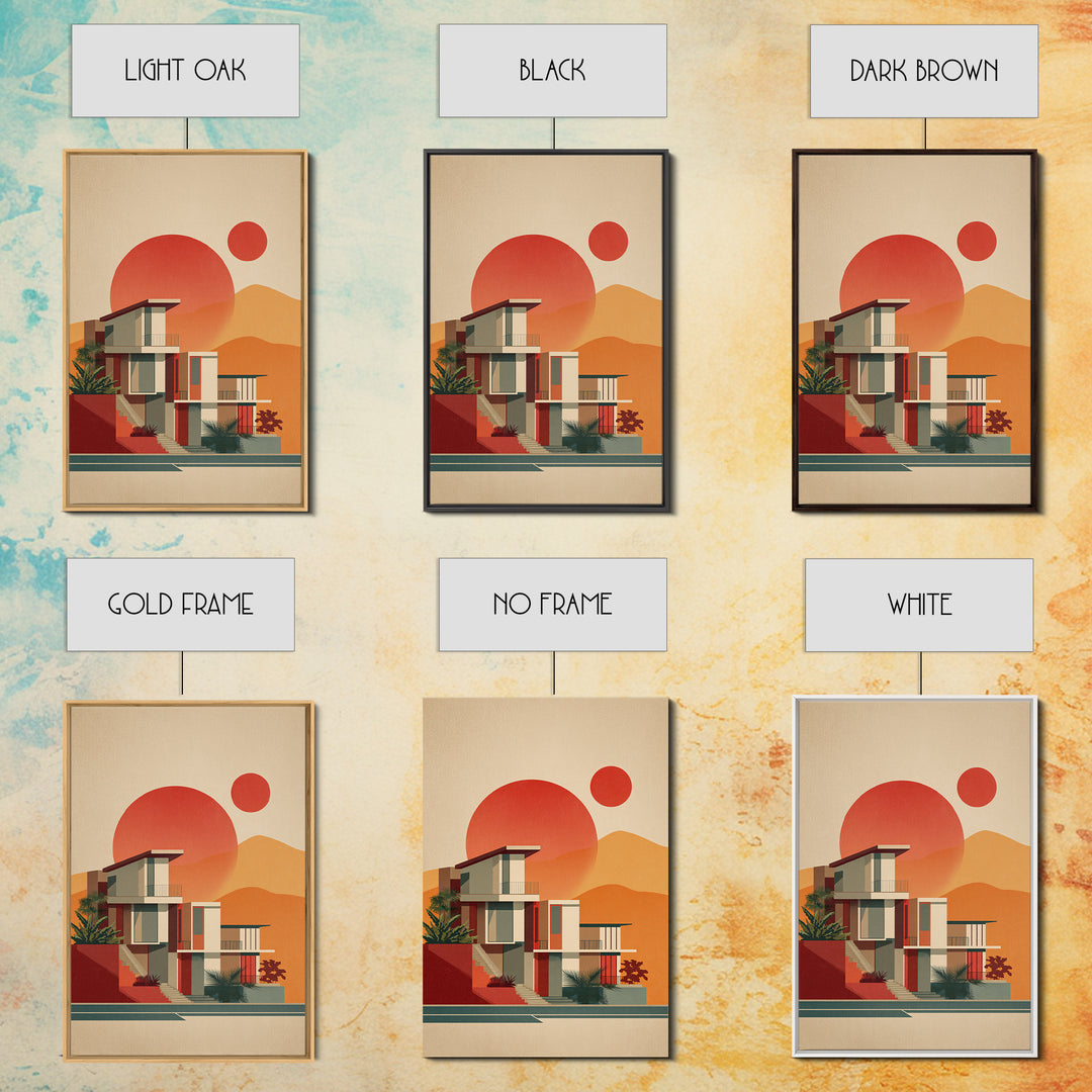 Desert Modernist House With Red Sun Wall Art, Mid Century Modern Poster, Retro Palm Springs Decor, Architectural Art Print