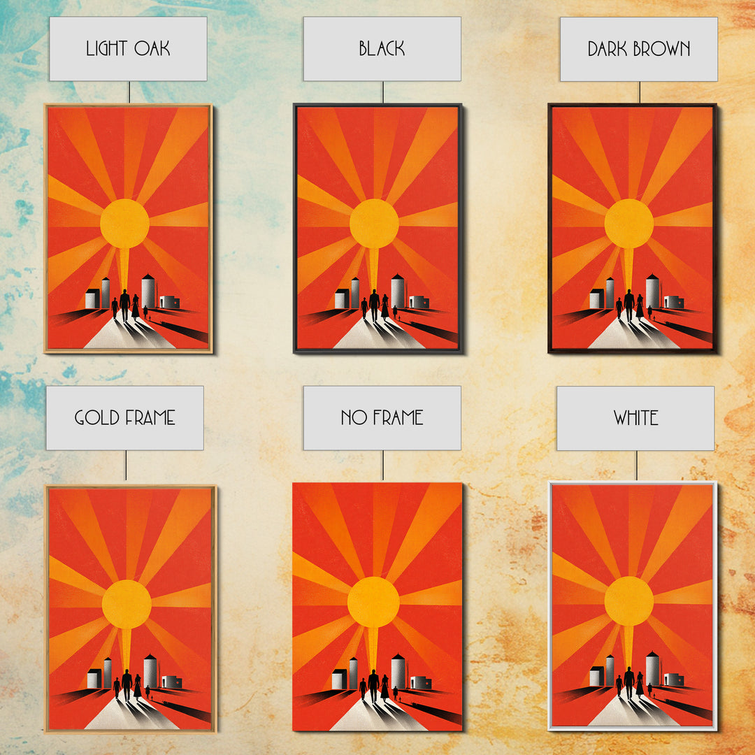 Family Silhouettes Walking Toward Sun Wall Art, Midcentury Modern Poster, Orange Retro Abstract Print, Inspirational Decor
